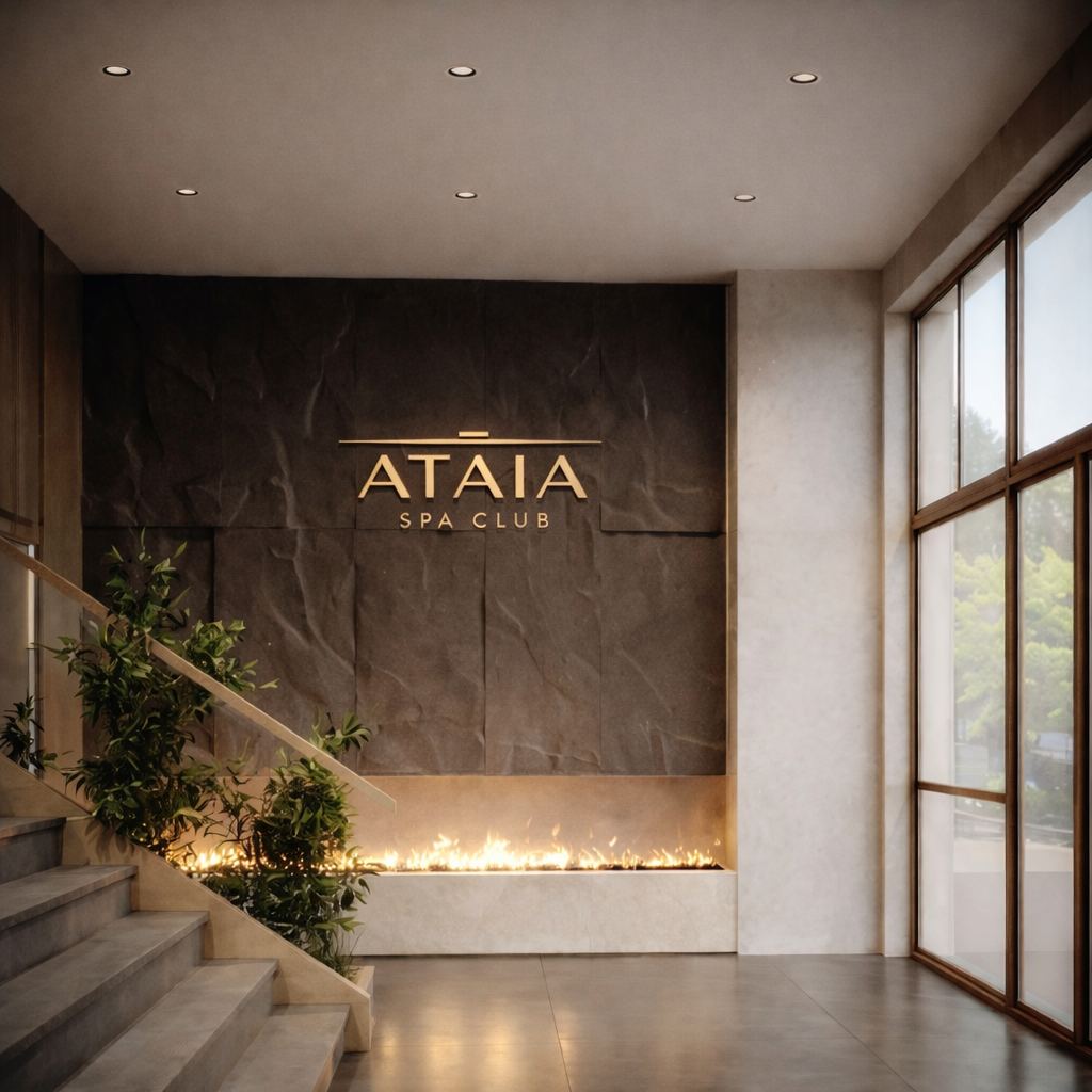 The ATAIA Spa Club lobby: a stone wall with the ATAIA name above a linear fireplace