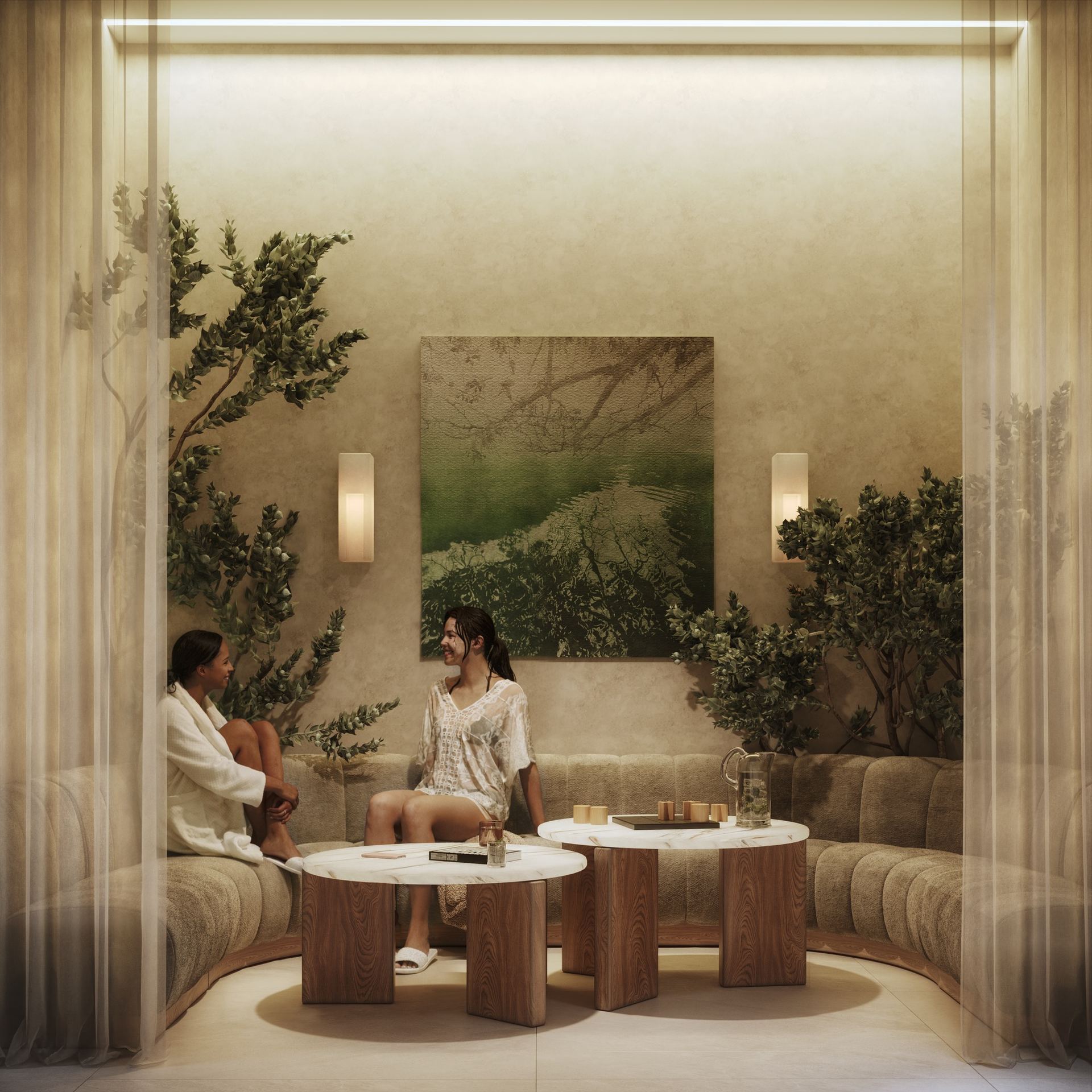 Two guests at a table in a cabana lounge