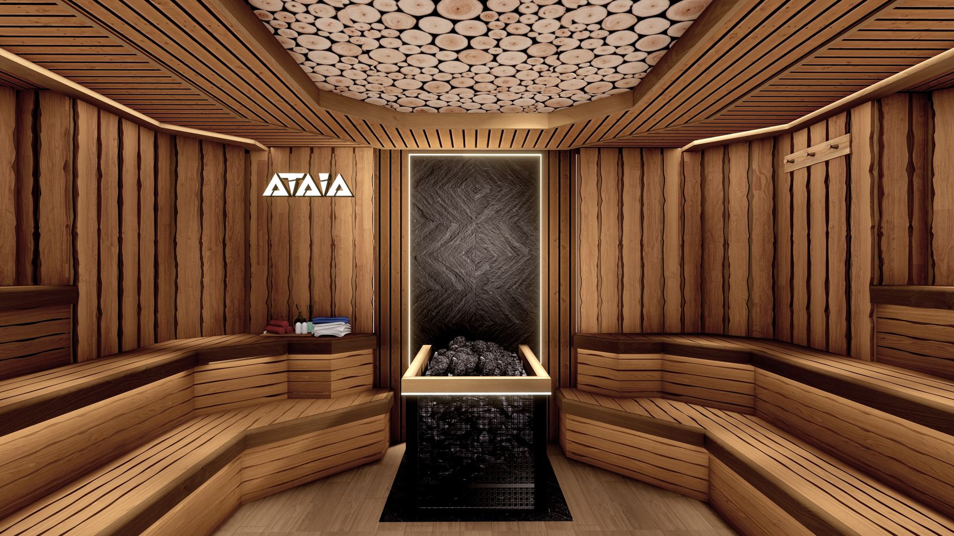 The banya beneath its log-end ceiling
