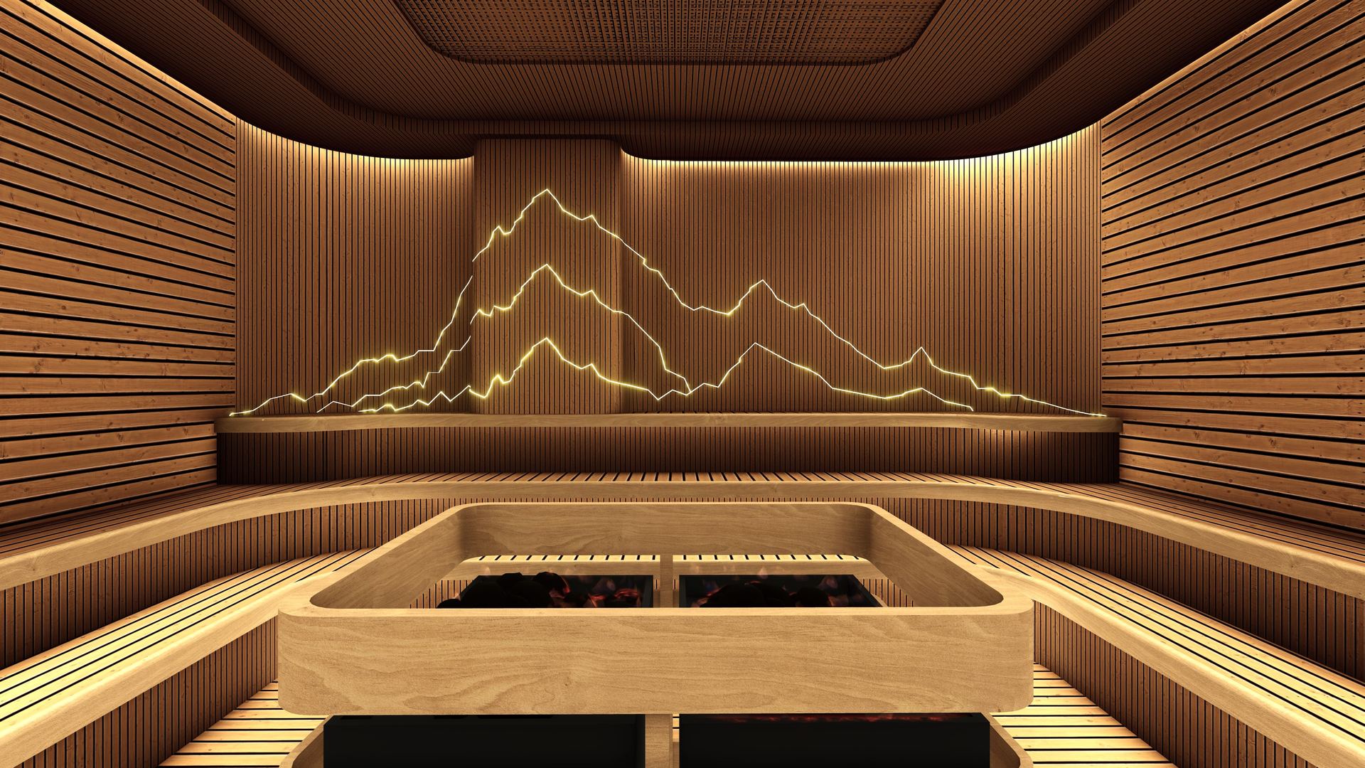 The Finnish sauna, with its lit mountain relief and central stove