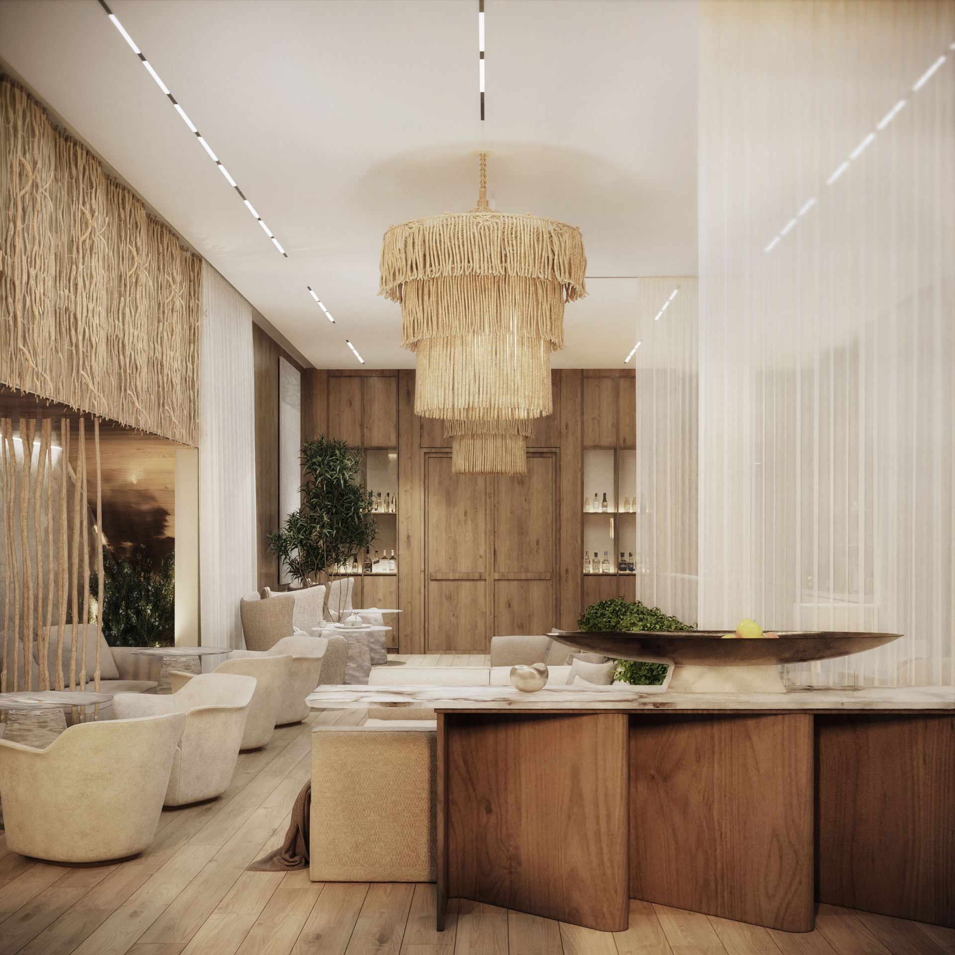Lounge seating beneath a woven chandelier