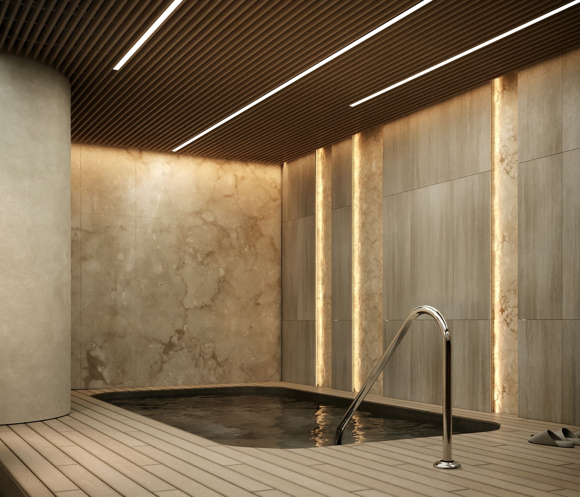 The plunge pool, with stone walls and steps