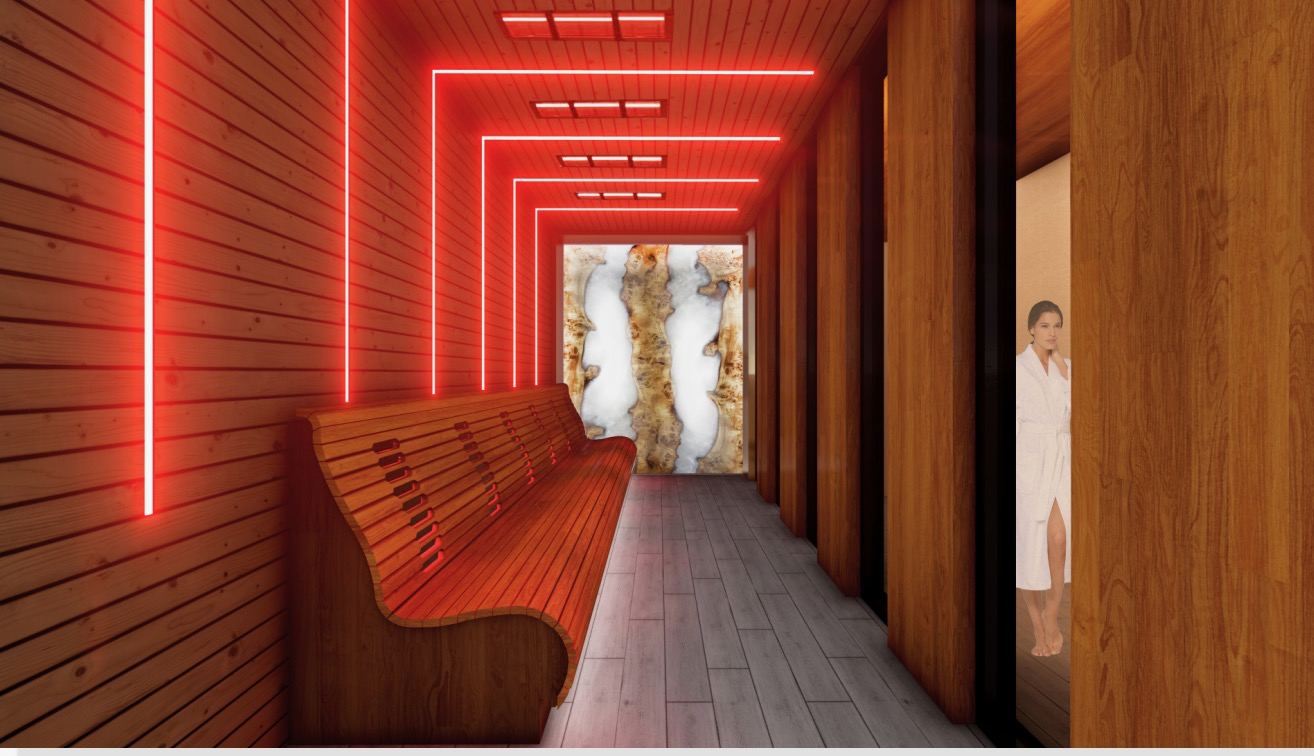 The infrared sauna, lit in red