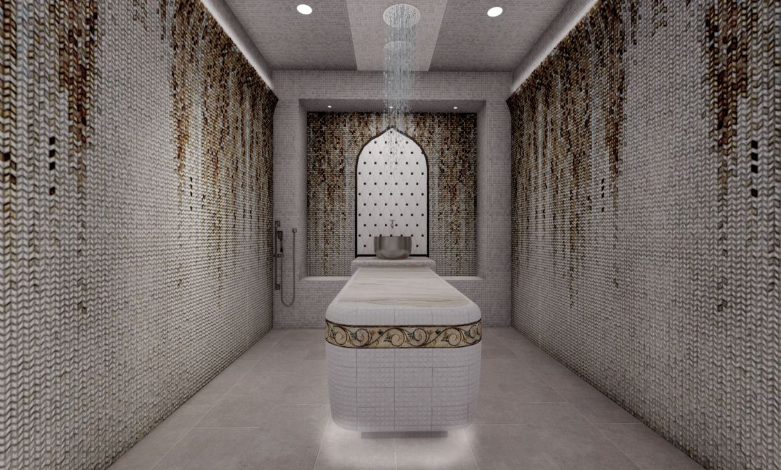 A scrub table in the mosaic-tiled treatment room