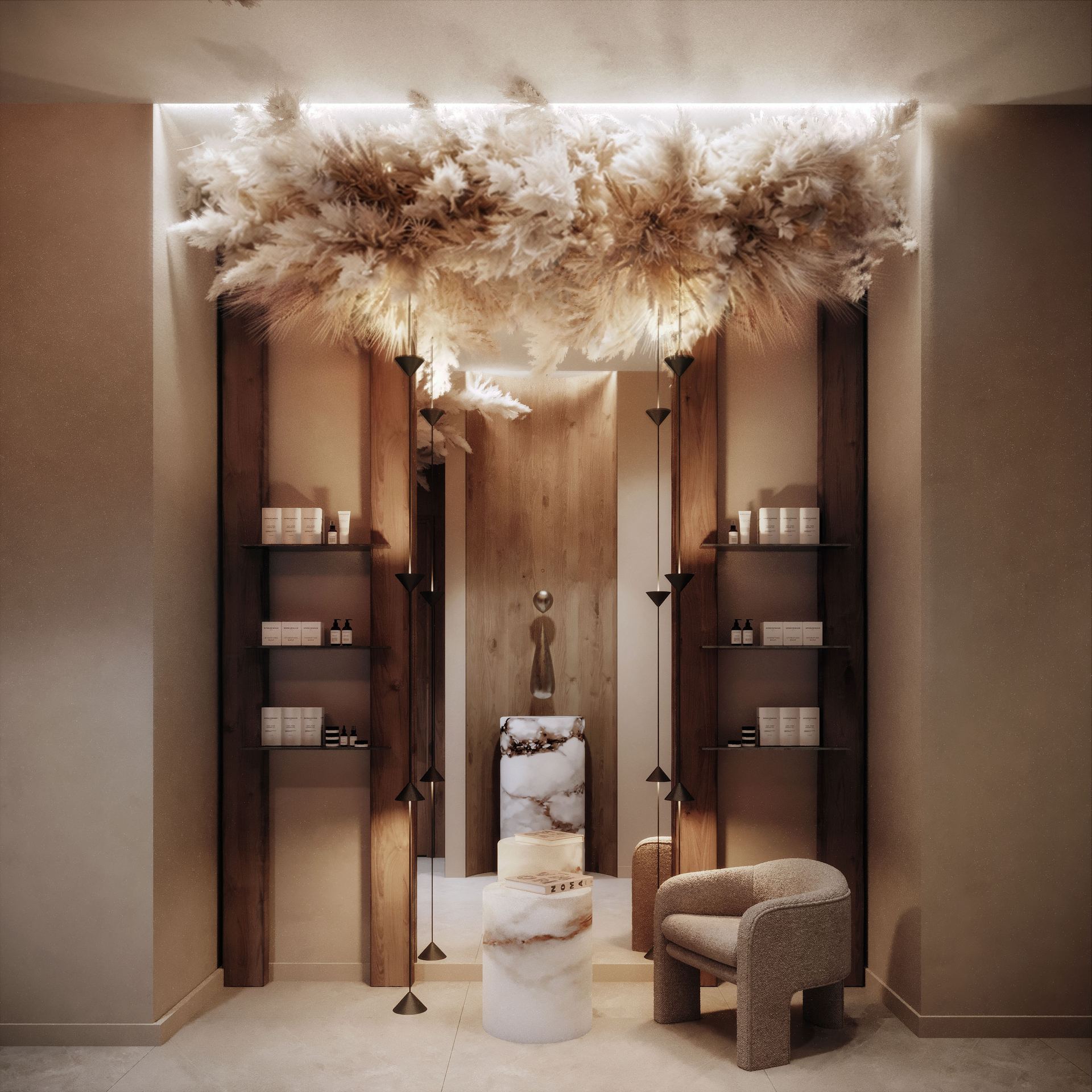 The boutique entrance, framed with dried grasses